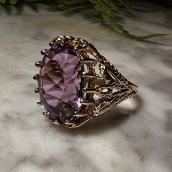 Vintage Estate Giant Amethyst Ring Solid 14k Gold caged prongs Filigree Ring 14K - Picture 11 of 16